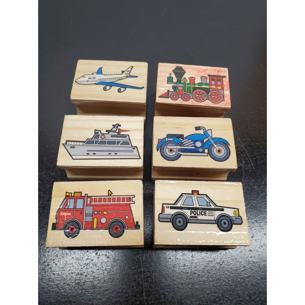 Transportation Wooden Rubber Stampers - Fire‎ Truck - Police Car - Train - Plane